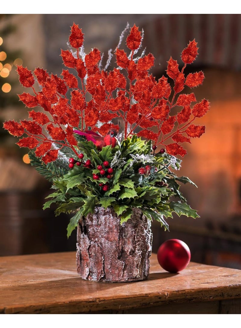 SYOSI 6Pcs Glitter Leaves Holly Leaves 14" Artificial Red Holly Leaf Picks Sprays Giltter Stems for Tree DIY Wreath Garland Home Decor - Red - Image 4